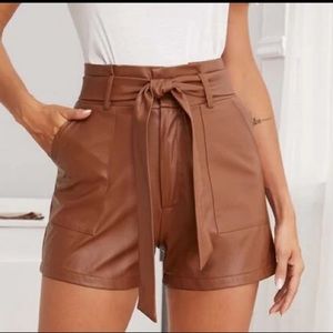 Brown Leather Shorts with Bow